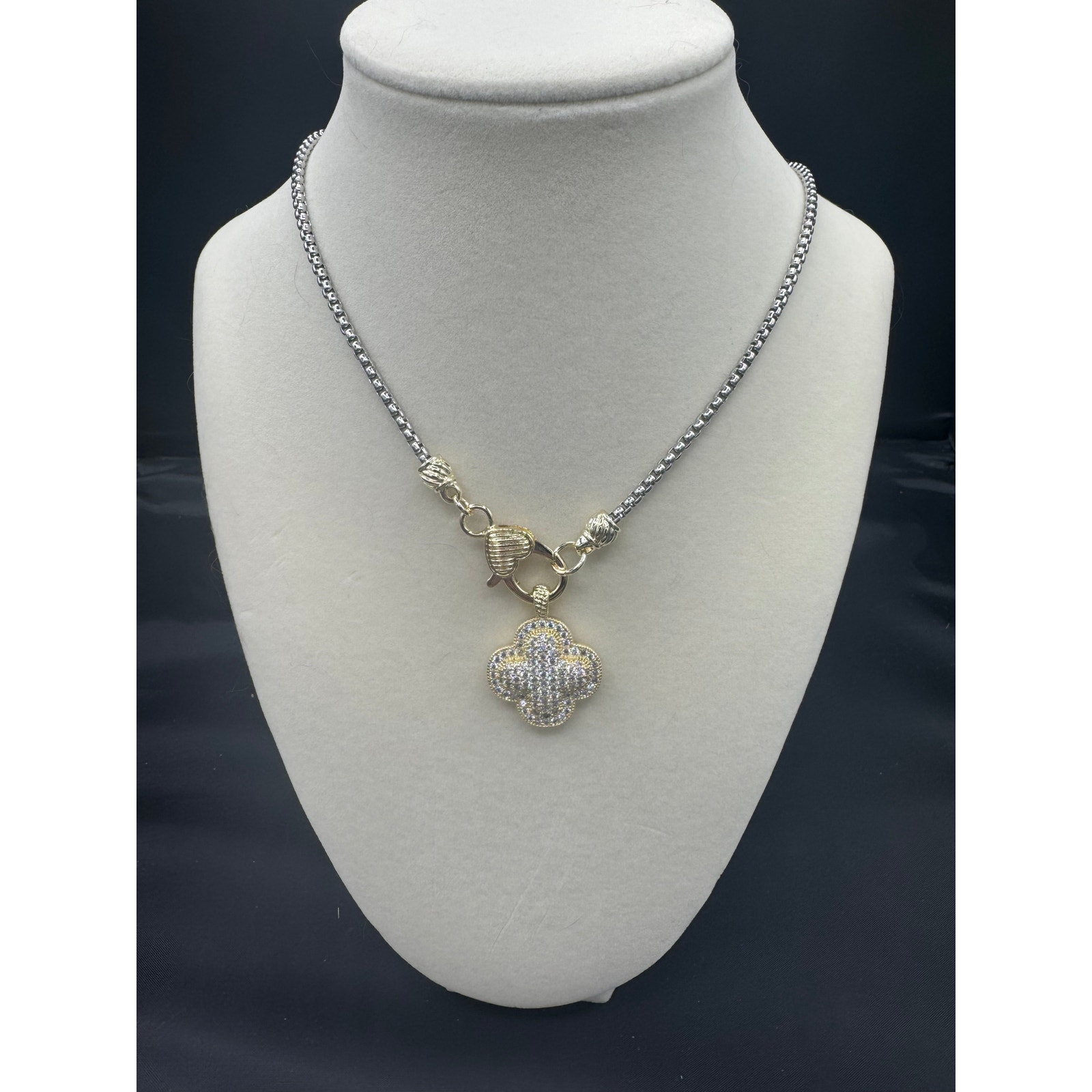 Silver Necklace With Clover Crystal Pave Removable Charm - 17